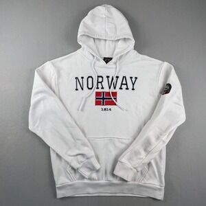 Norway Hoodie Mens Medium White Scandinavian Explorer Flag Embroidered Souvenir